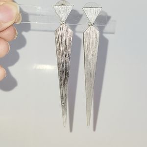 Triangle Earrings with Elongated Spike, Sleek  Silver-tone Drop Post Earrings.